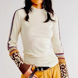 Free People Cream Ribbed Long Sleeve Top | Contrast Pattern Sleeves | XS